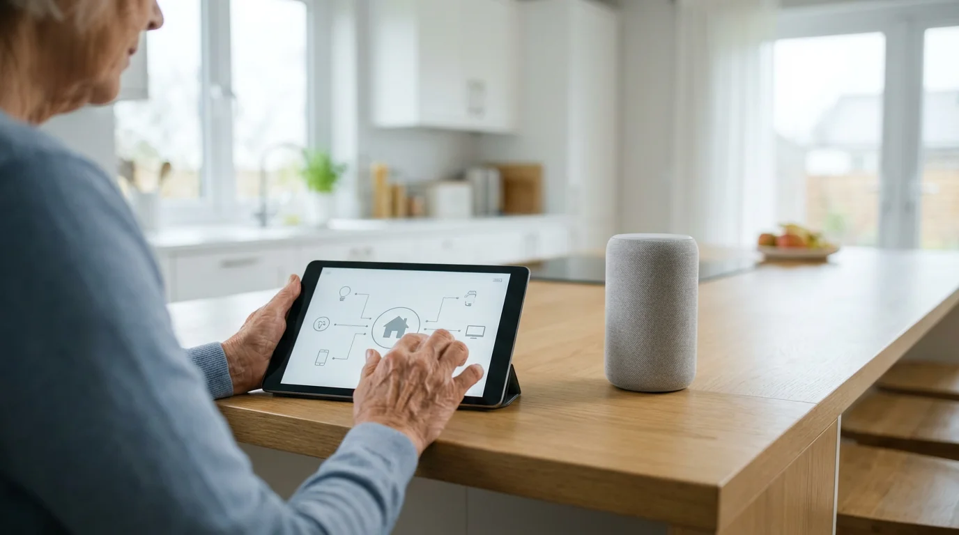Over-the-shoulder view of a senior woman's hands using a tablet to set up a smart speaker.