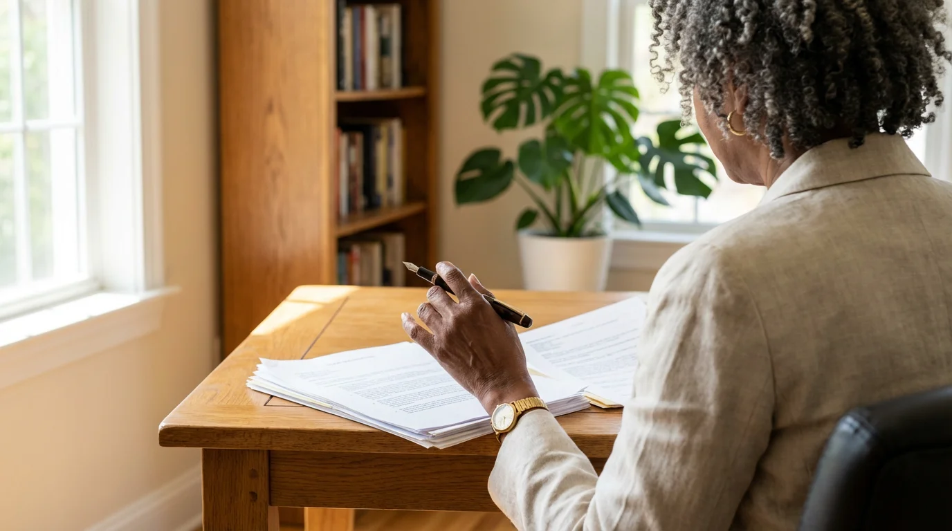 Over-the-shoulder view of a senior woman at her desk reviewing legal documents for retirement.