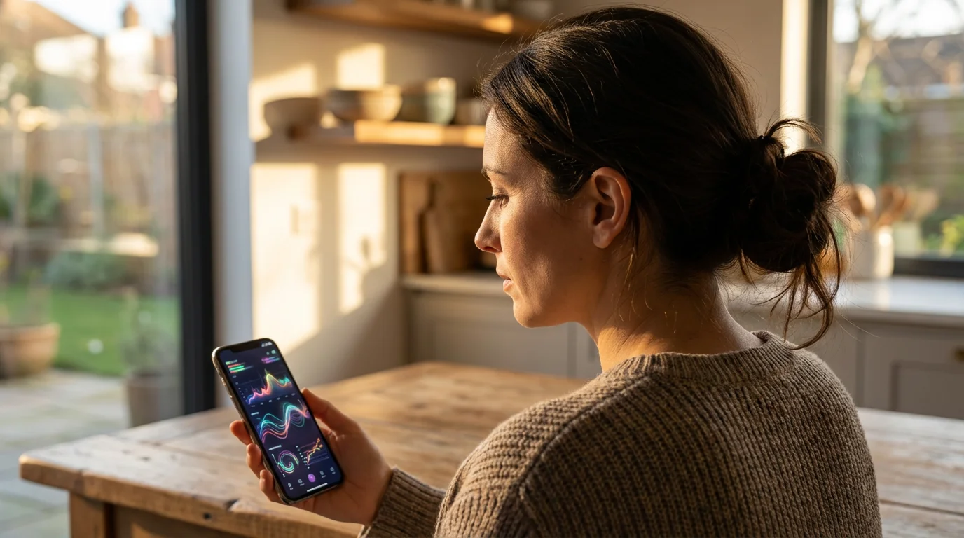 Over-the-shoulder view of a woman looking at health data on her smartphone at sunset.