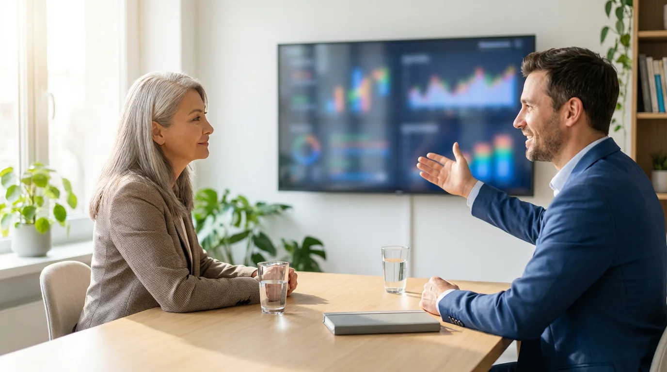 Over-the-shoulder view of a woman meeting with a financial advisor in a modern office.