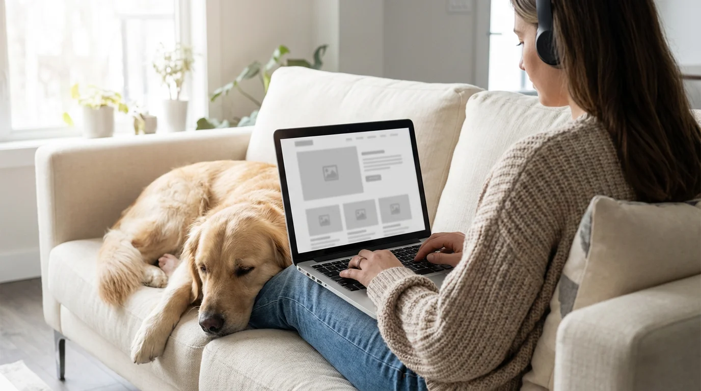 Over-the-shoulder view of a woman on a sofa creating an online profile on a laptop.