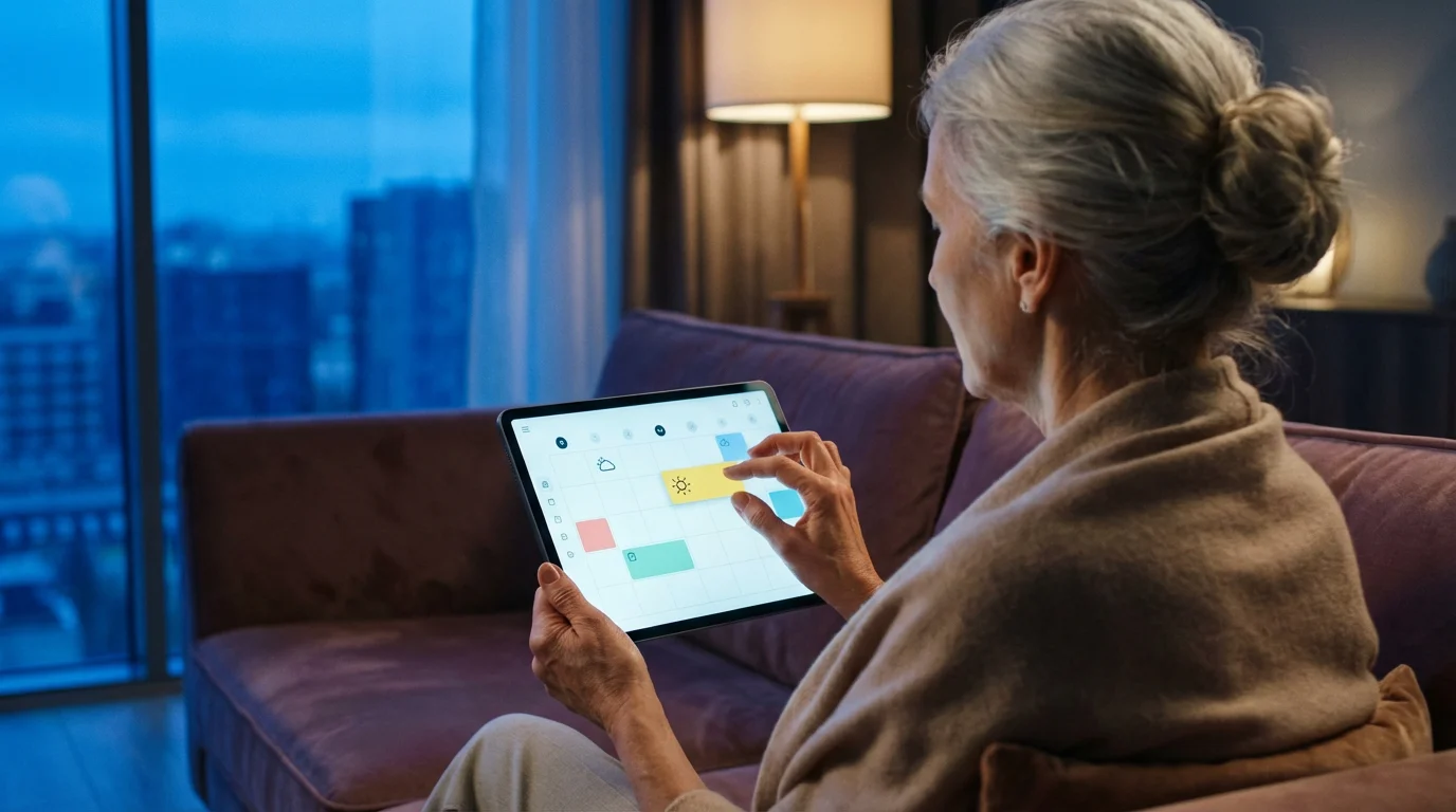 Over-the-shoulder view of a woman scheduling personal time on a tablet at twilight.