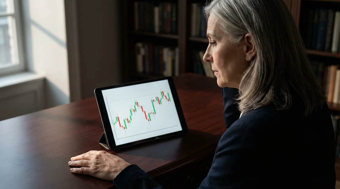 Over-the-shoulder view of a woman studying a cryptocurrency chart on a tablet.
