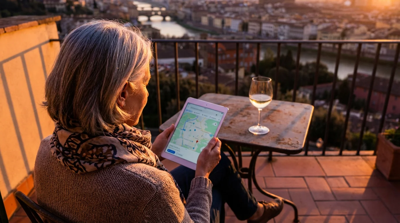 Over-the-shoulder view of a woman using a tablet on a city balcony at sunset.