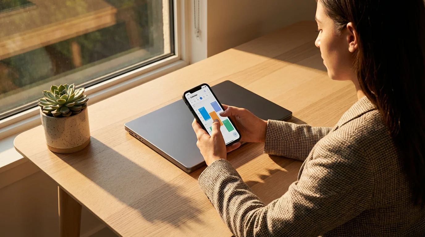 Over-the-shoulder view of a woman using a health management app on her smartphone at a desk.