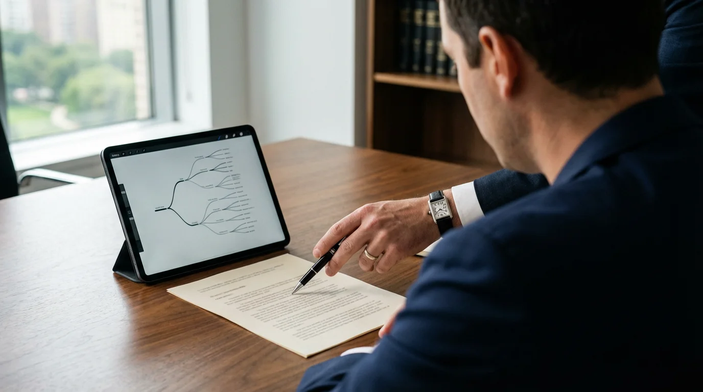 Over-the-shoulder view of an attorney pointing to a clause in an estate plan document.