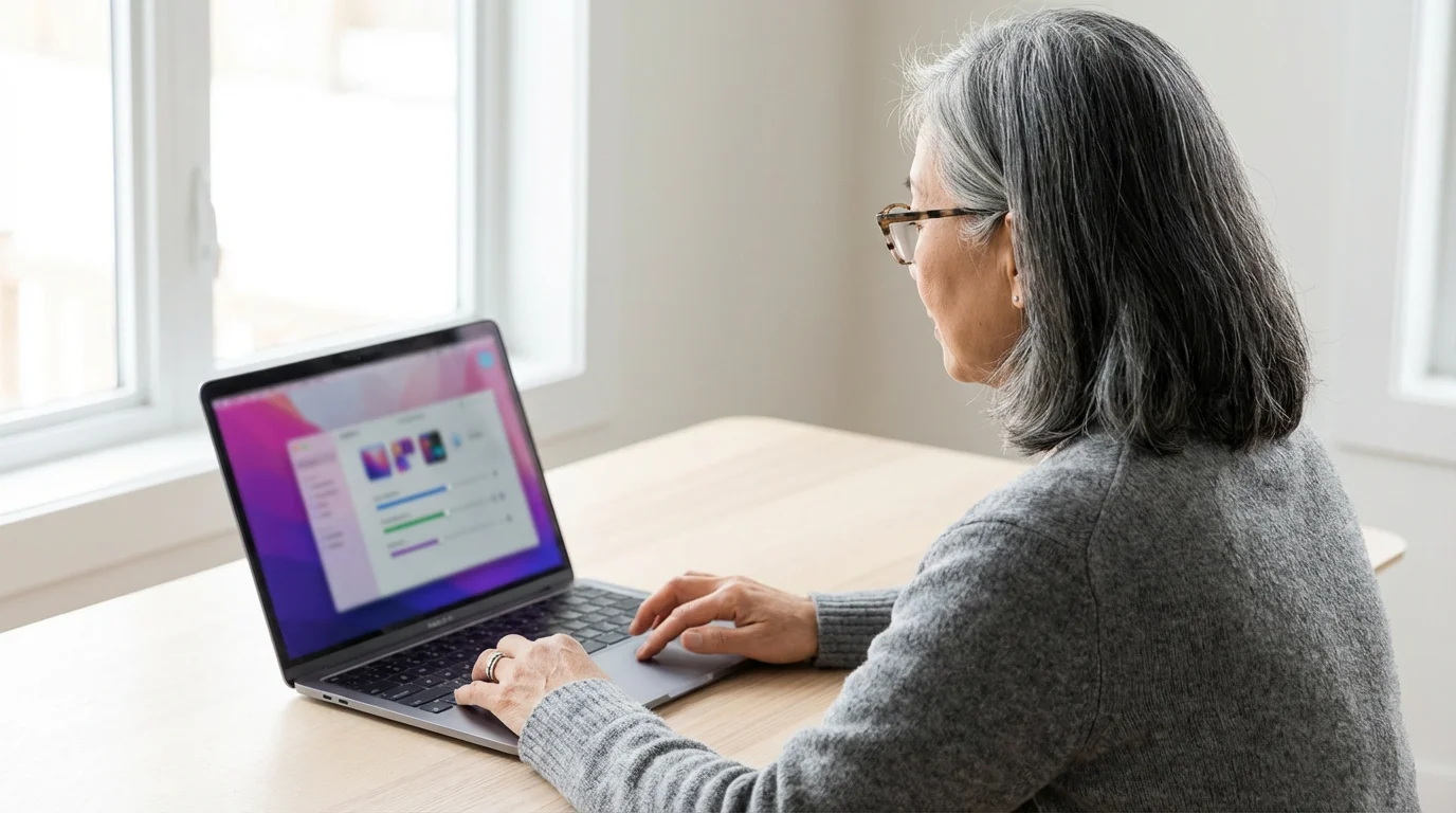 Over-the-shoulder view of an older woman adjusting abstract privacy settings on her laptop.