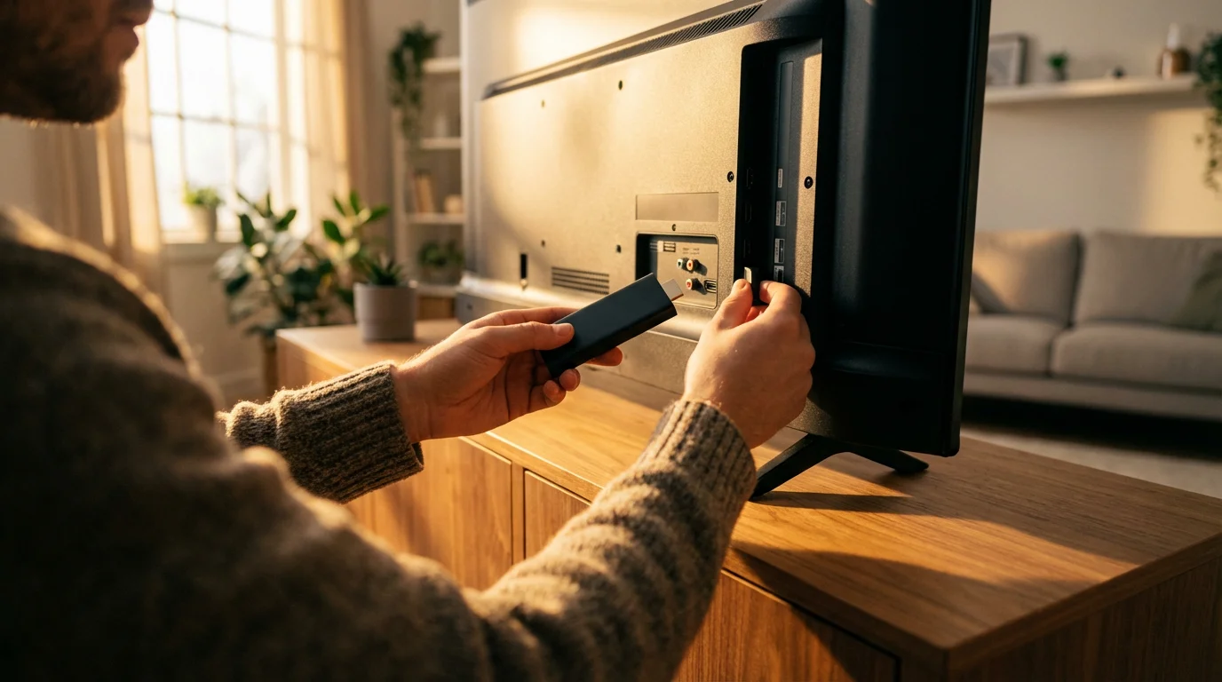 Over-the-shoulder view of hands plugging a streaming stick into the back of a TV.