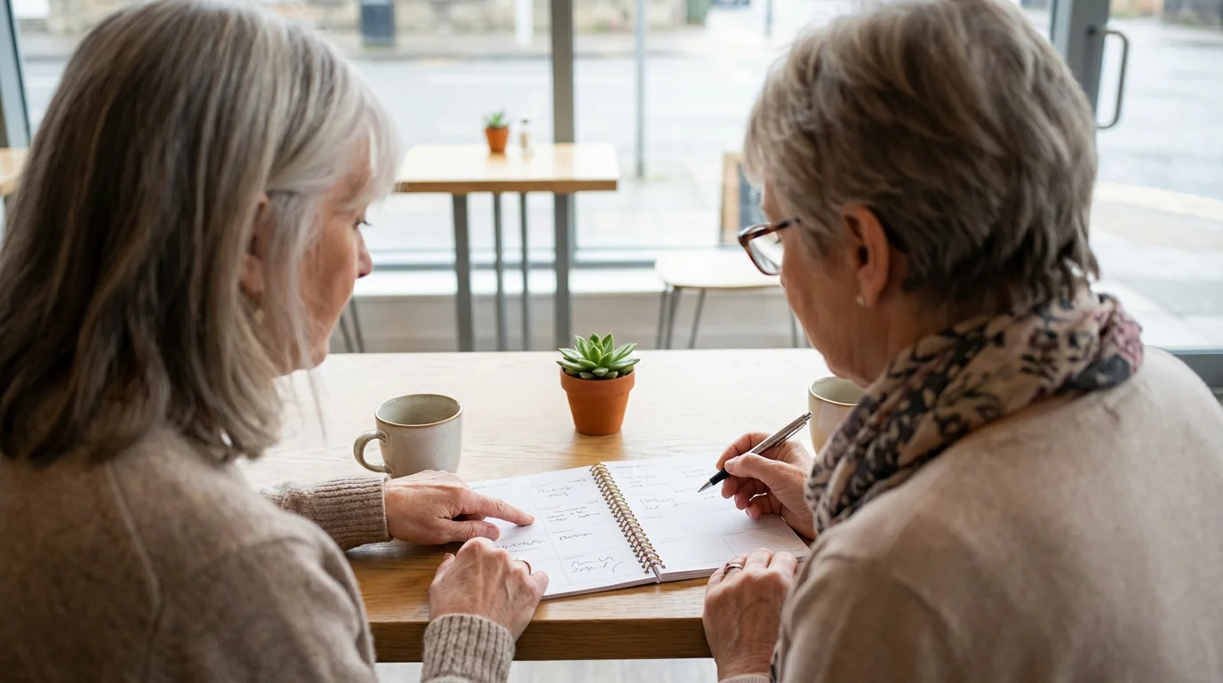 Over-the-shoulder view of two senior women planning their social calendar in a bright cafe.