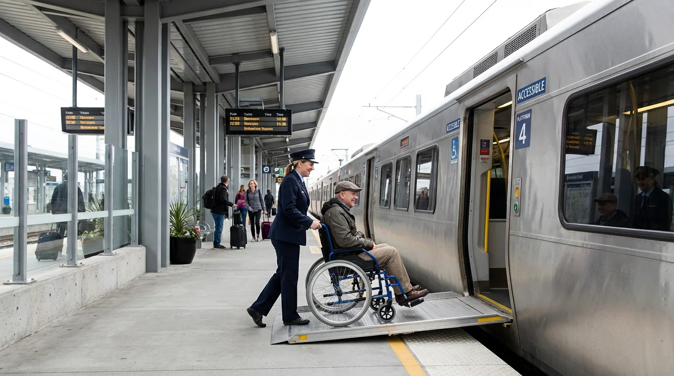 Passenger in a wheelchair boarding a modern train with assistance from a conductor.