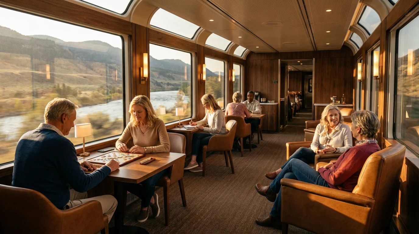 Passengers relaxing and socializing in a modern train's scenic observation car at sunset.