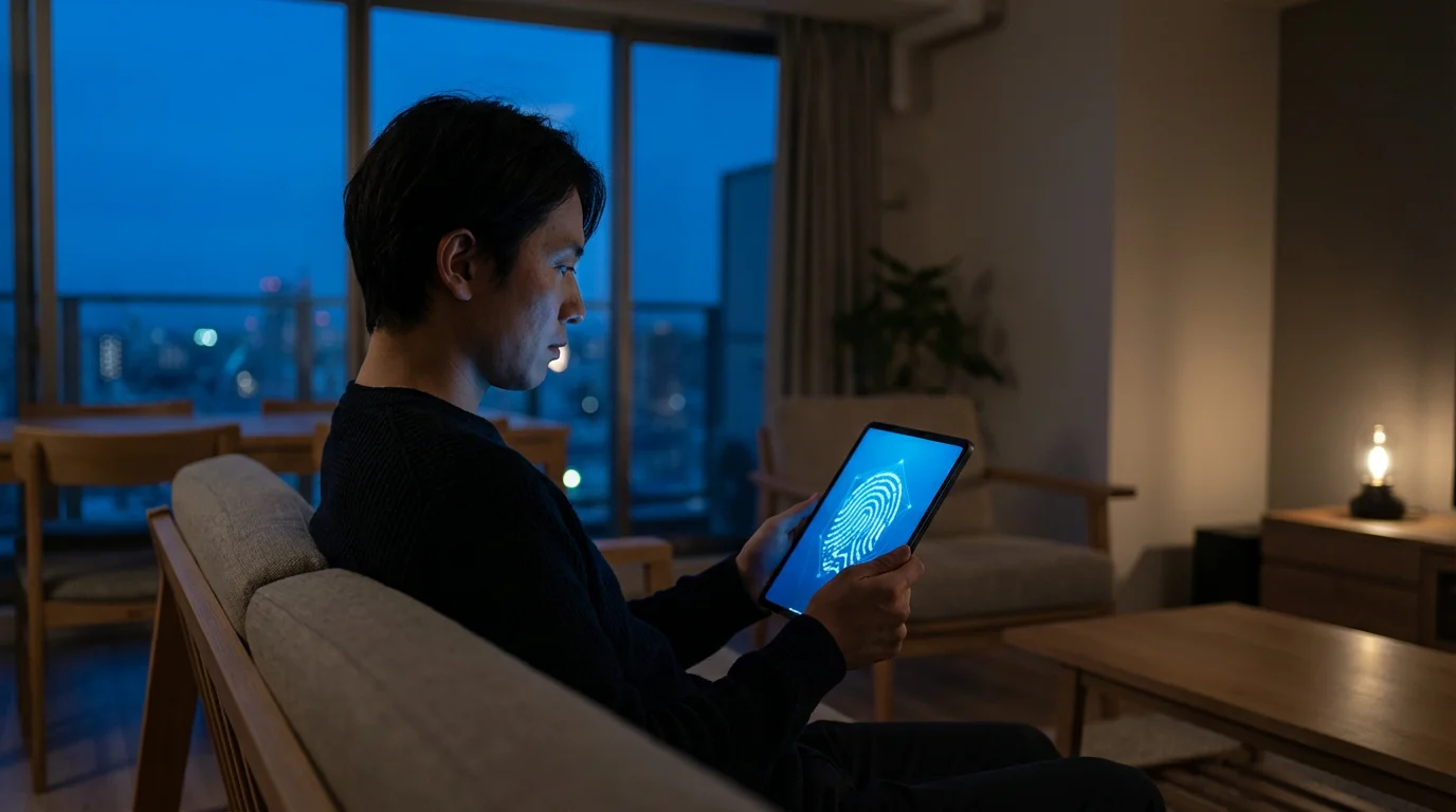 Person in a modern apartment at dusk using a tablet with a security graphic.