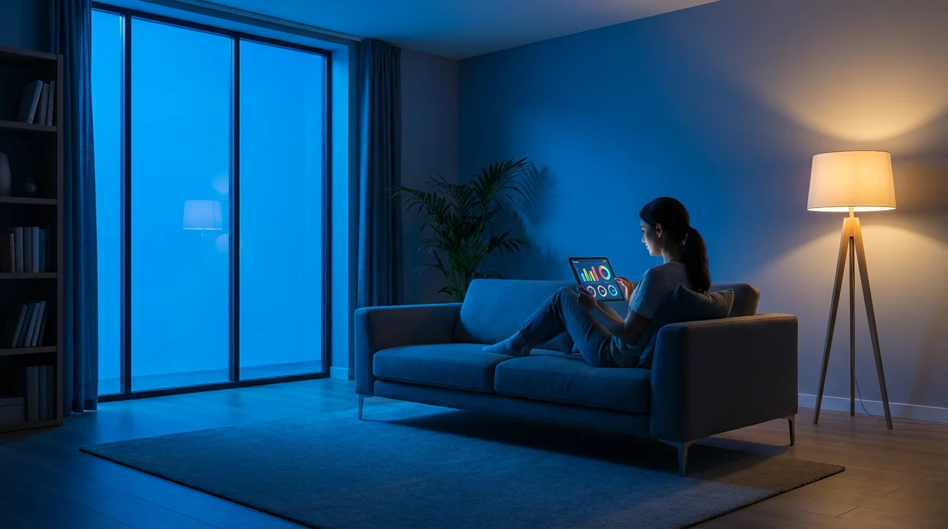 Person using a health tracking app on a tablet in a modern living room.