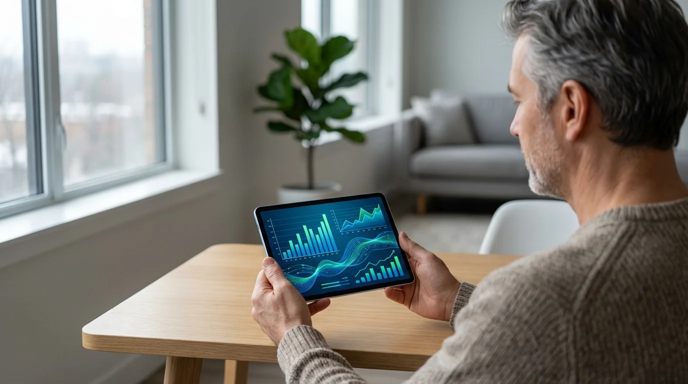Person using a tablet to review modern financial charts for retirement planning.