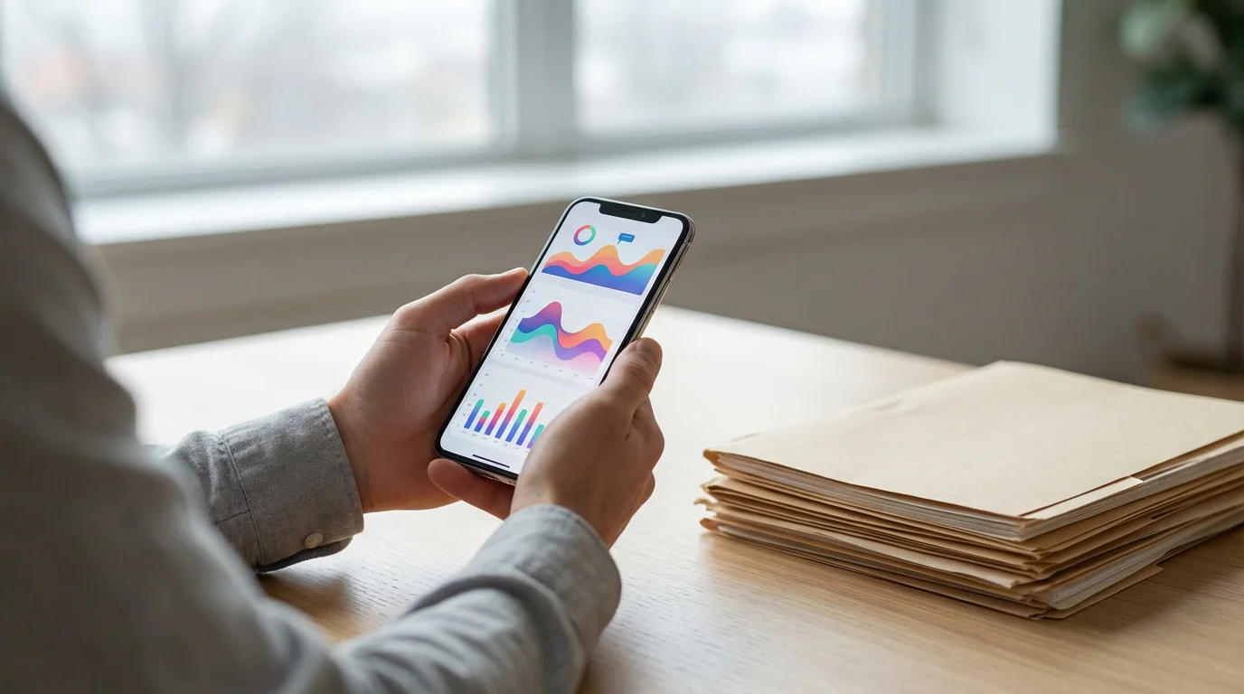 Person viewing abstract health data on a smartphone next to paper medical files.