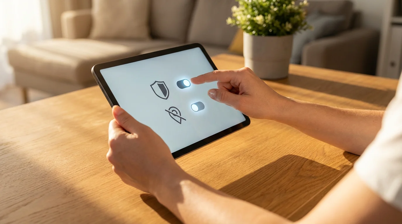 Person's hands adjusting abstract privacy and security settings on a tablet at golden hour.