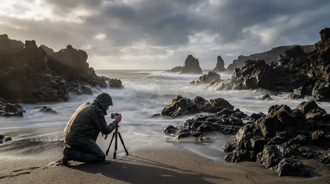 Photographer uses a smartphone on a tripod for a long exposure coastal shot.