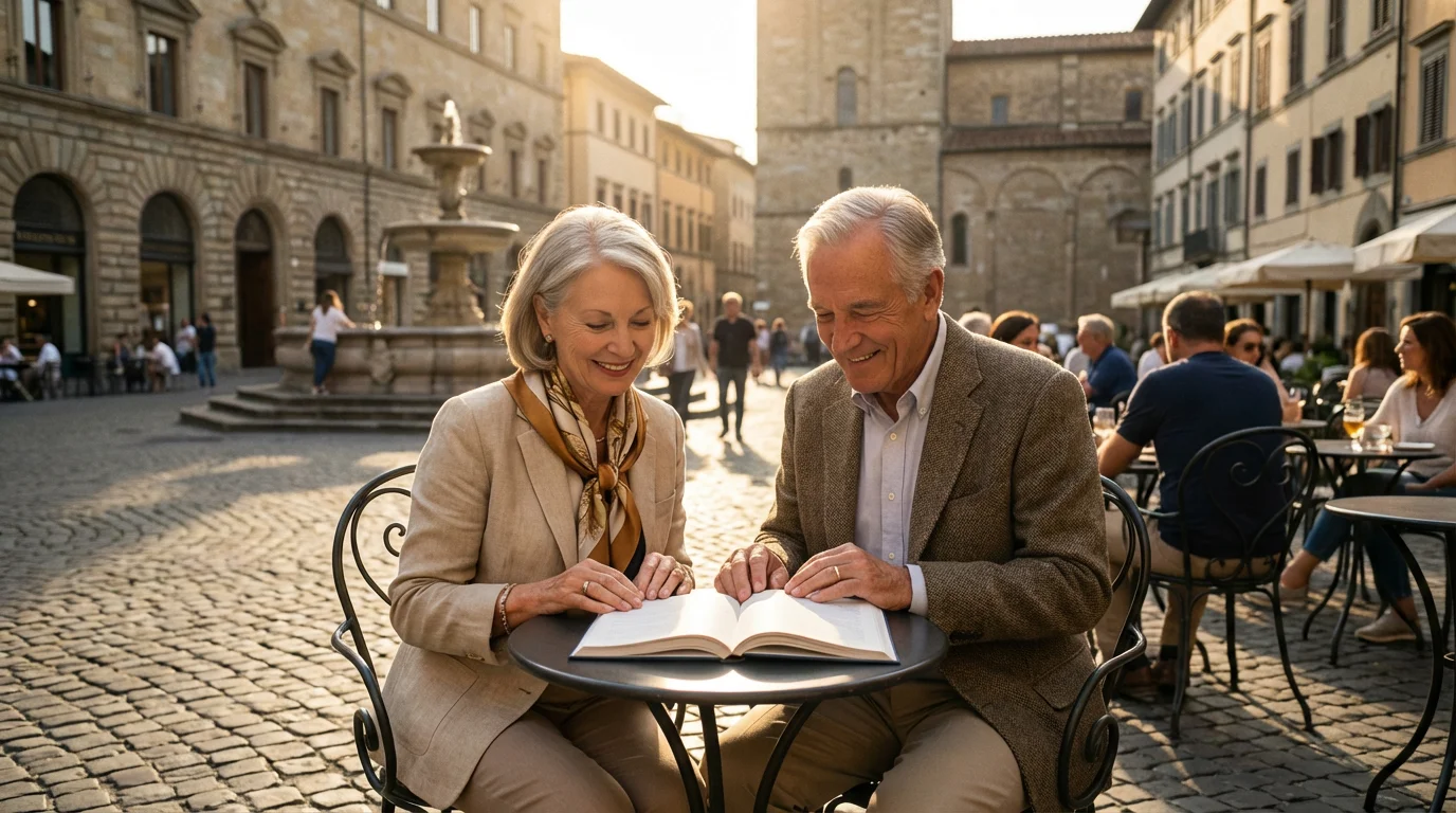 Retired couple happily learning a language from a book at an outdoor European cafe.