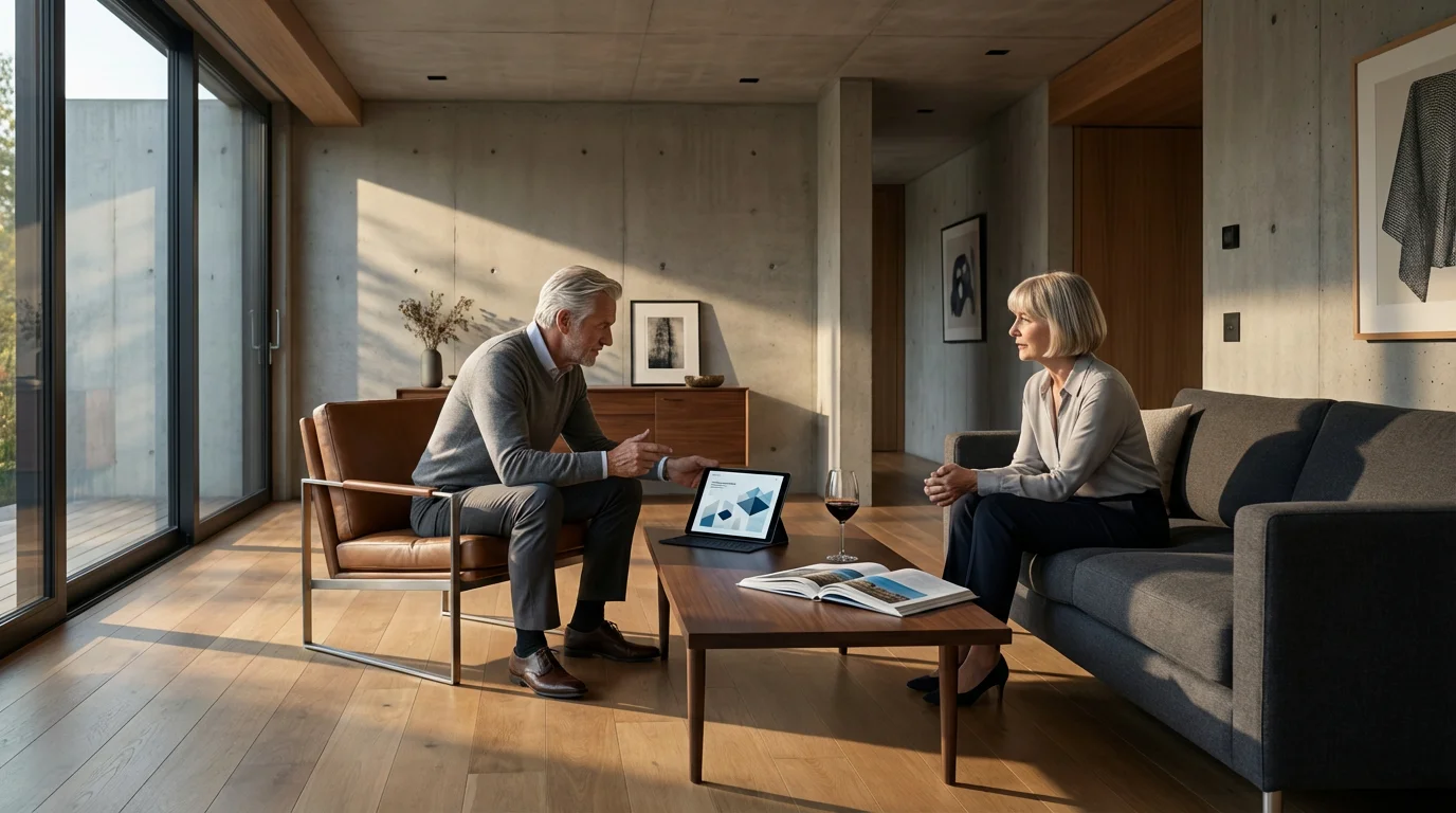 Retired couple in modern living room planning their future with a budgeting app tablet.