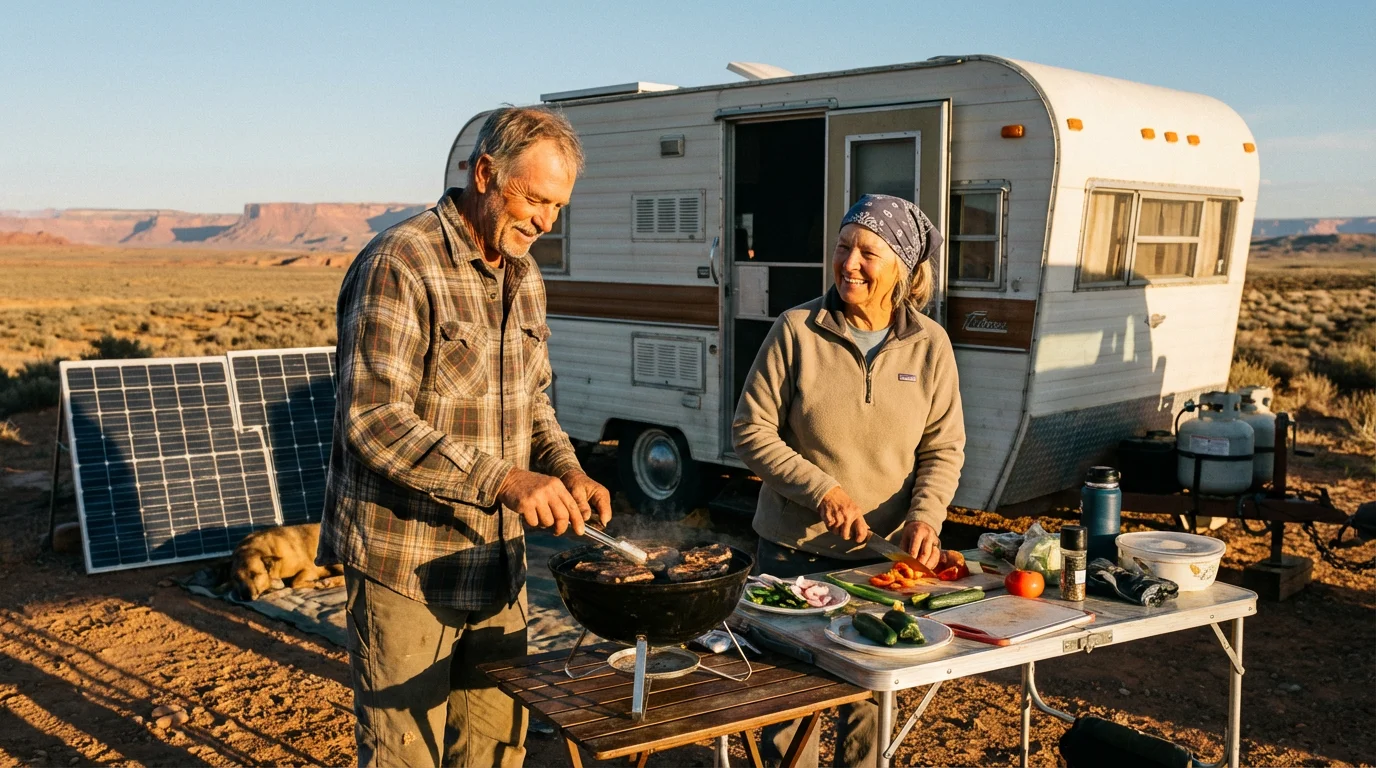 Retired couple preparing dinner while boondocking in the desert next to their travel trailer.