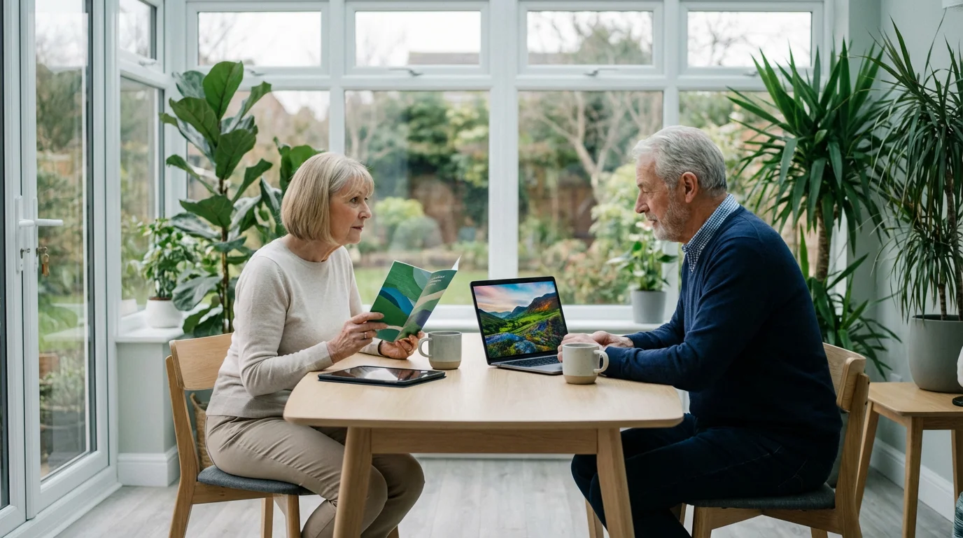 Retired couple researching sustainable travel options on a laptop in a bright sunroom.