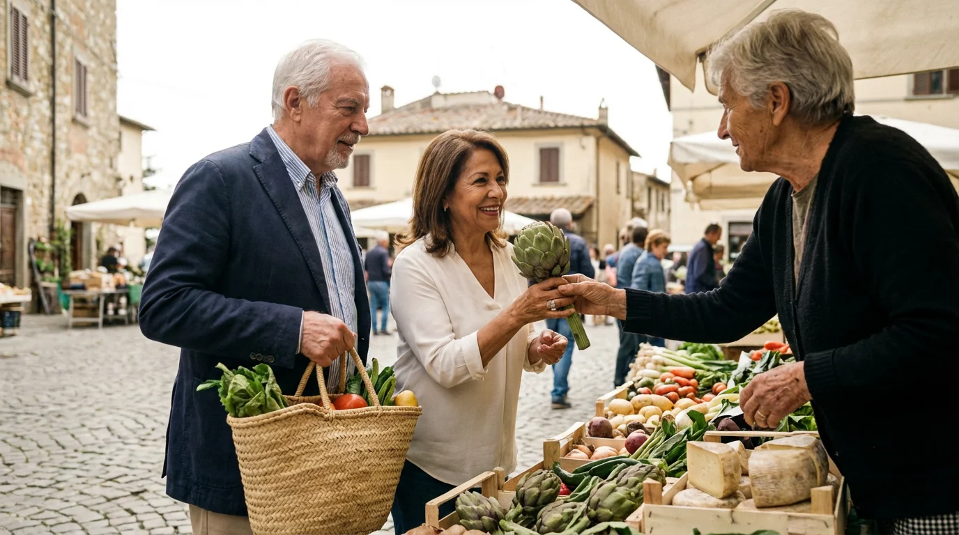 Retired couple shopping for fresh produce at an authentic European outdoor farmers market.
