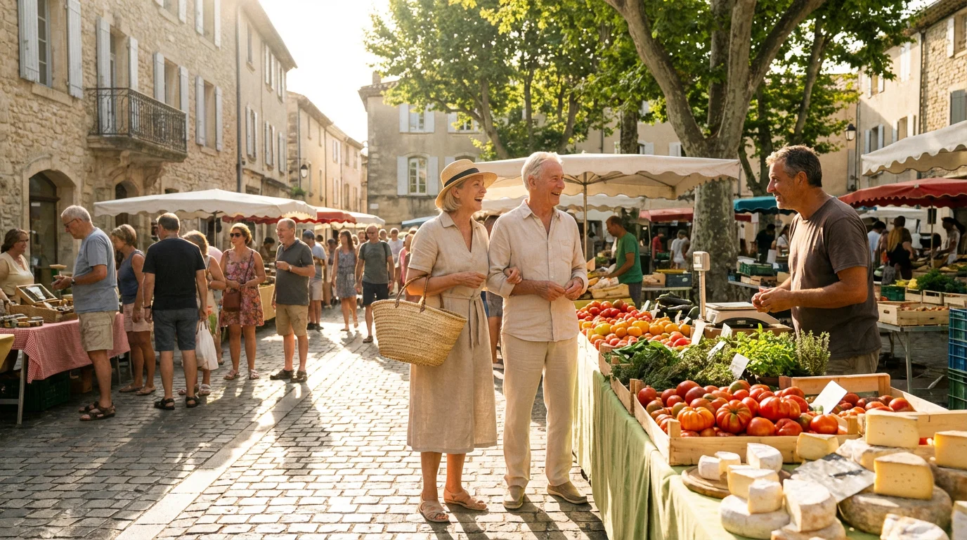 Retired couple shops at a sunny, European outdoor farmer's market during slow travel.