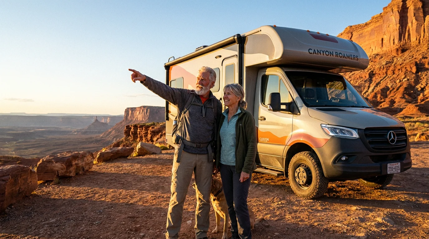 Retired couple with their RV enjoying a dramatic desert canyon sunset from a low angle.