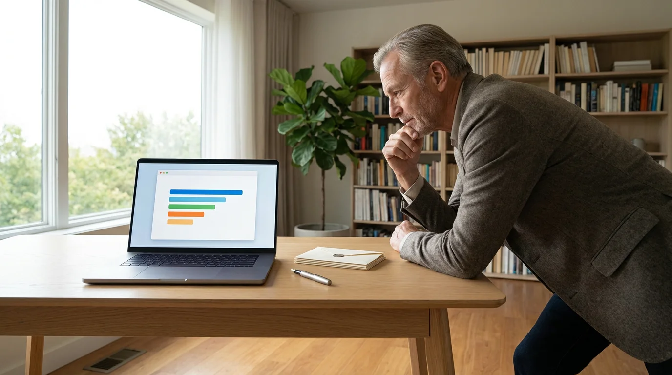 Retired man in a modern home office reviewing finances and subscriptions on a laptop.