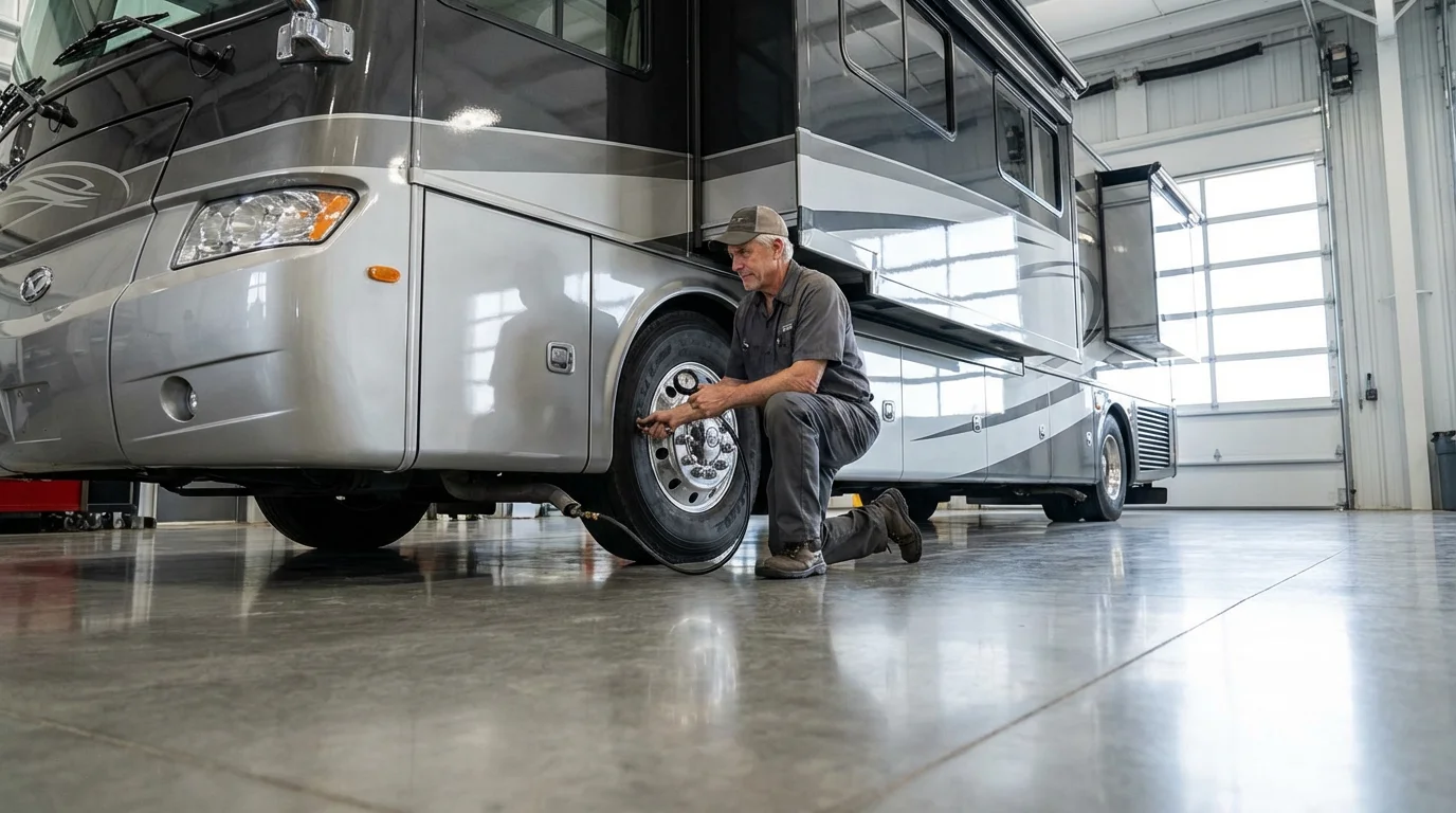 Retired man performing routine maintenance, checking the tire pressure on his large motorhome.