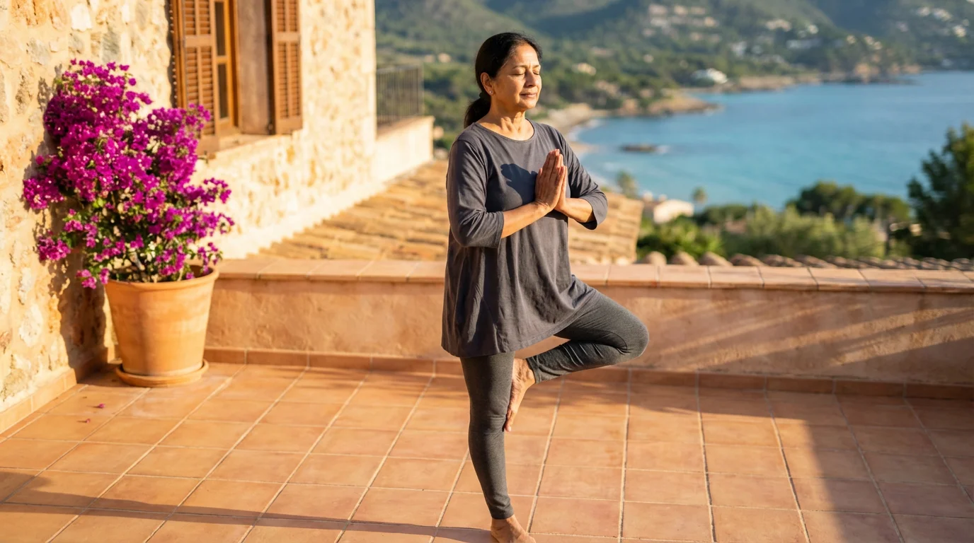 Retired woman doing yoga on a terrace overlooking the Mediterranean Sea at sunrise.