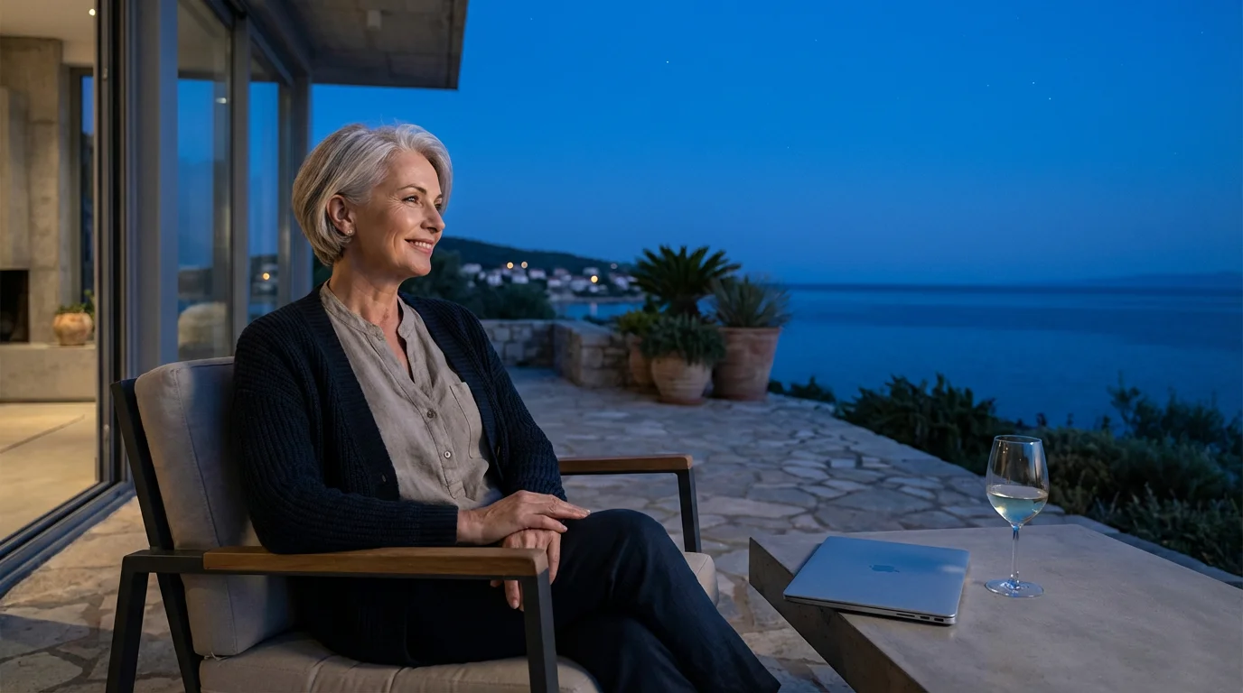Retiree woman with a laptop relaxing on a seaside terrace at twilight.