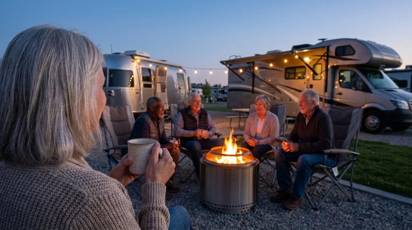 Retirees socializing around a fire pit at an RV park during a cool evening.