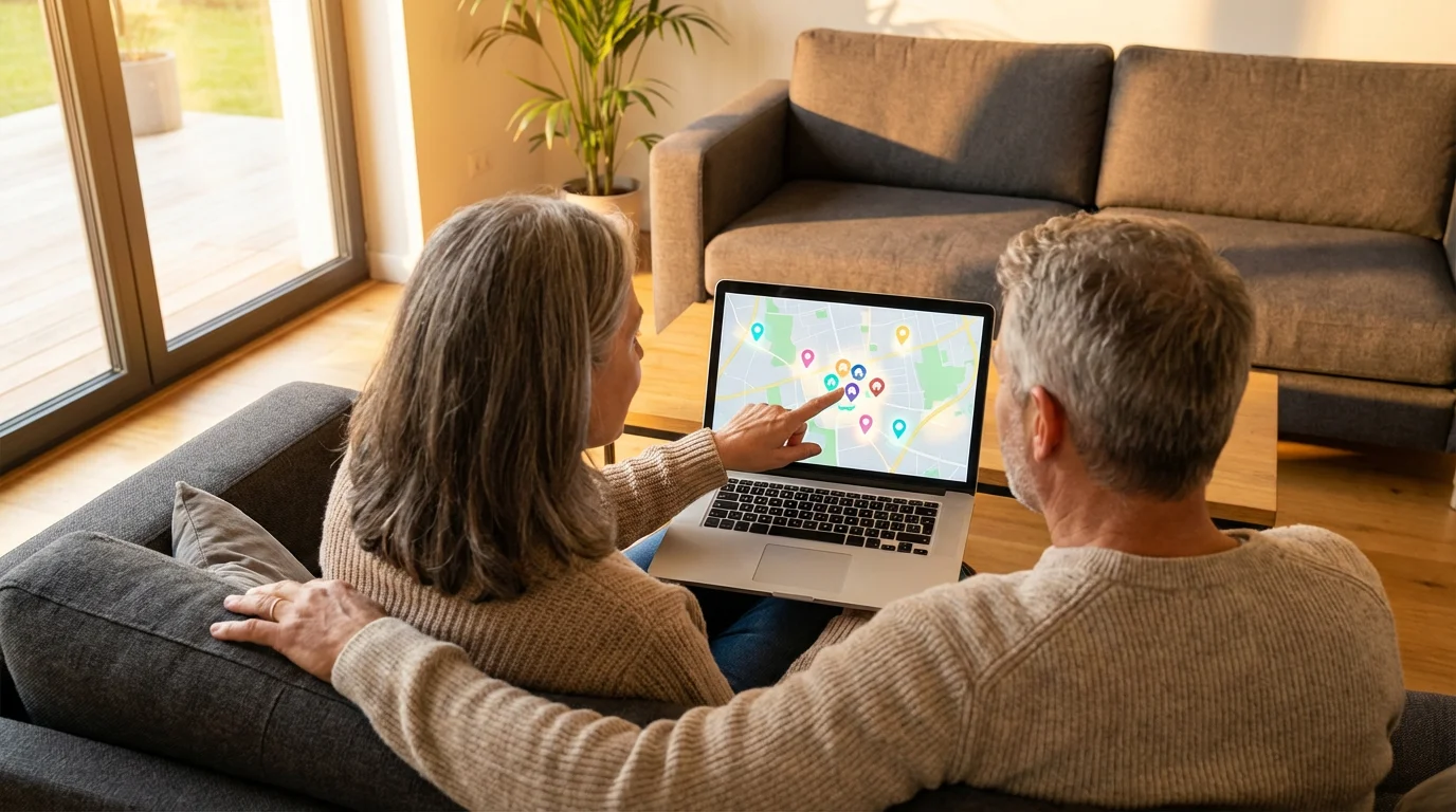 Senior couple browsing real estate properties on a laptop during a warm golden sunset.