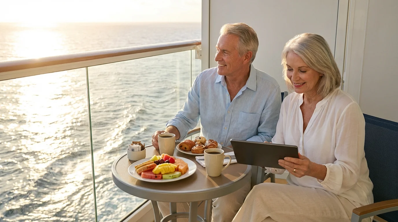 Senior couple enjoying breakfast on a modern cruise ship balcony at sunrise.