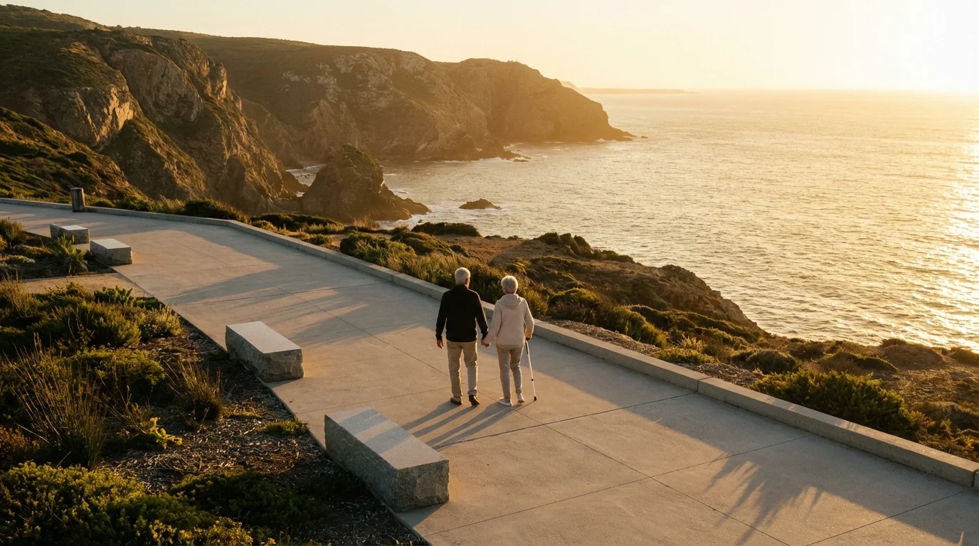 Senior couple enjoys a golden hour sunset walk on an accessible coastal promenade.