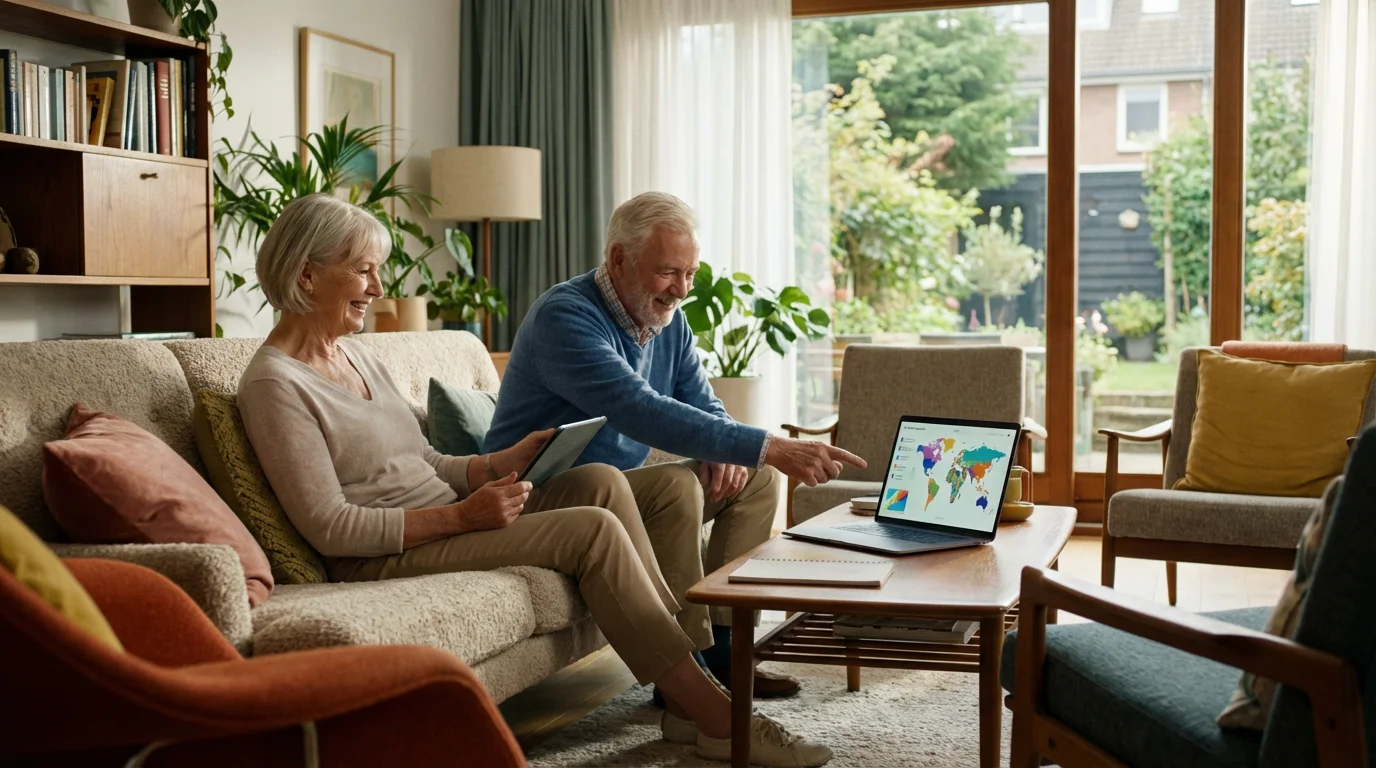 Senior couple happily using a laptop and tablet to plan a trip in their sunny living room.