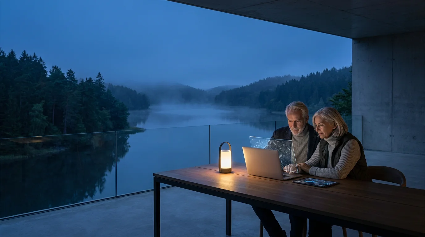 Senior couple planning an eco-friendly trip on a laptop on a scenic balcony at dusk.