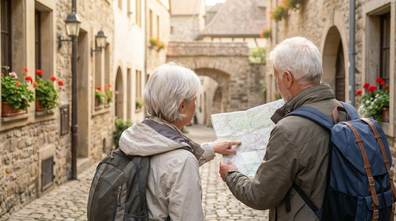 Senior couple plans a walking route with a paper map on a European cobblestone street.