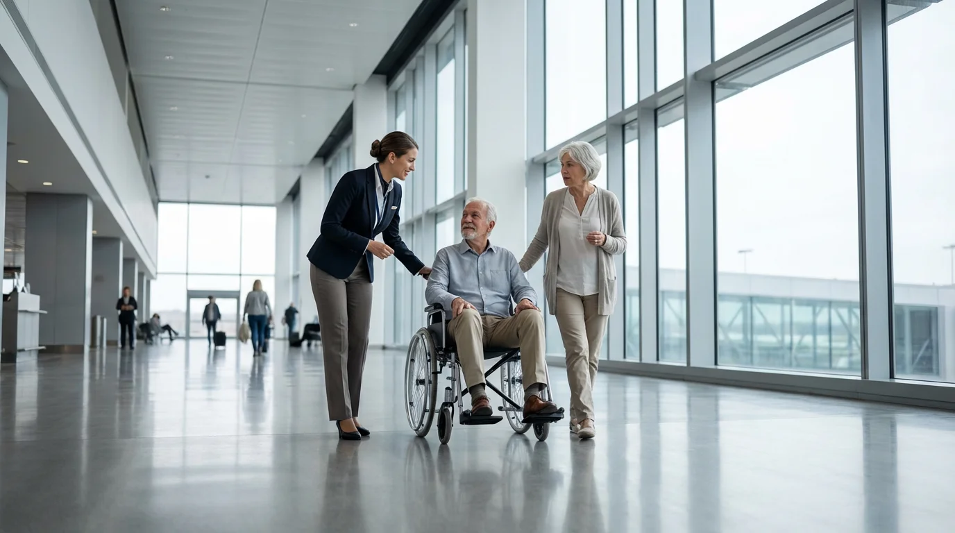 Senior couple receiving wheelchair assistance from airline staff in a bright, modern airport terminal.