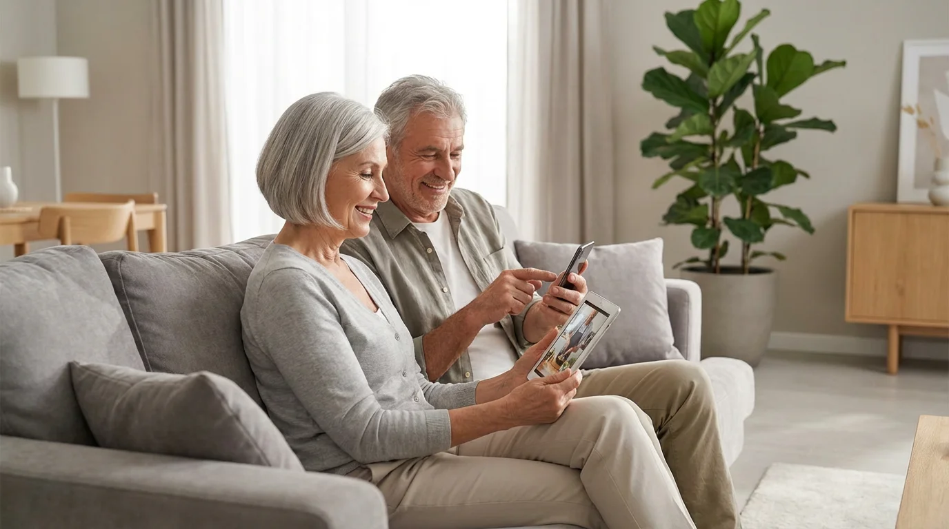 Senior couple relaxing on a sofa, using a tablet and smartphone in their modern home.