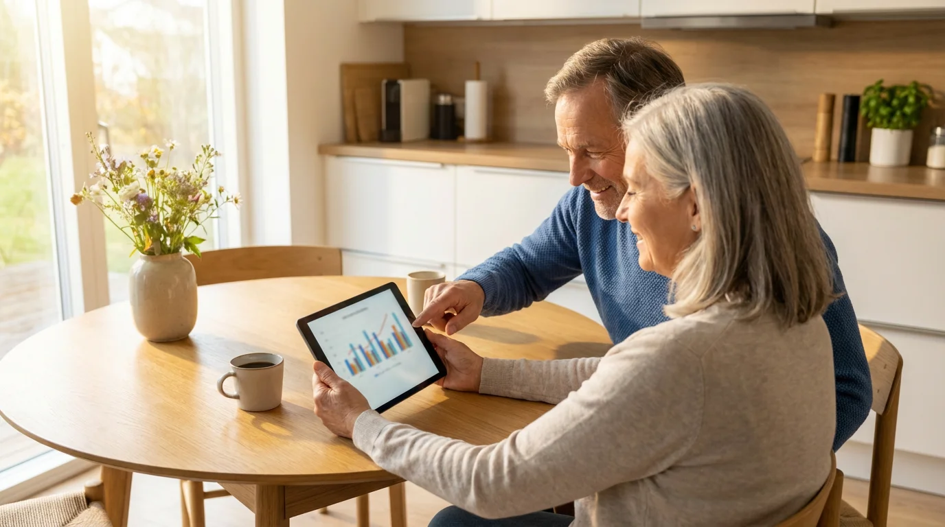 Senior couple using a tablet at a table, researching information together in morning light.