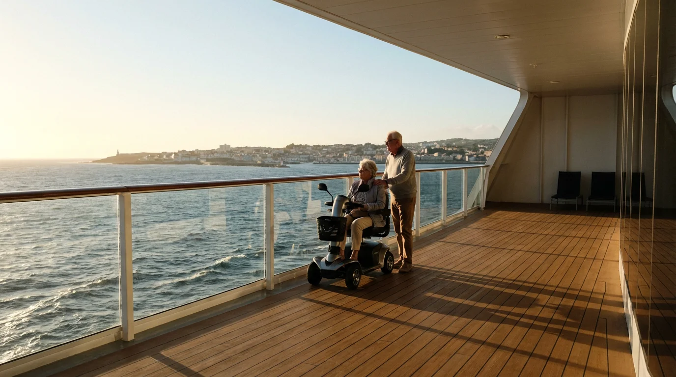 Senior couple with a mobility scooter enjoying the view from a cruise ship deck.