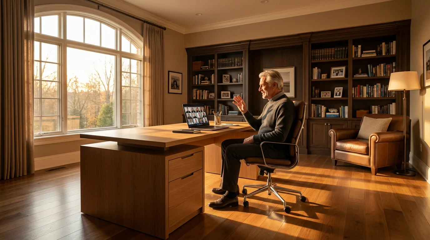 Senior man mentoring someone remotely via video call from his modern home office.