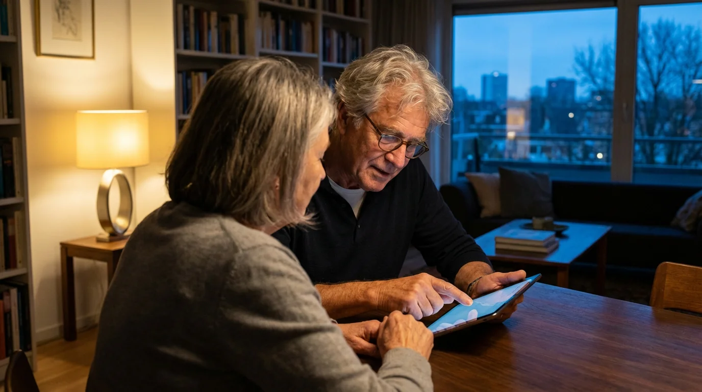 Senior man patiently teaches a woman how to use a tablet at home.