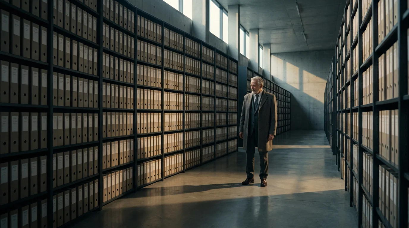 Senior man stands contemplating in a vast, modern library archive with long afternoon shadows.