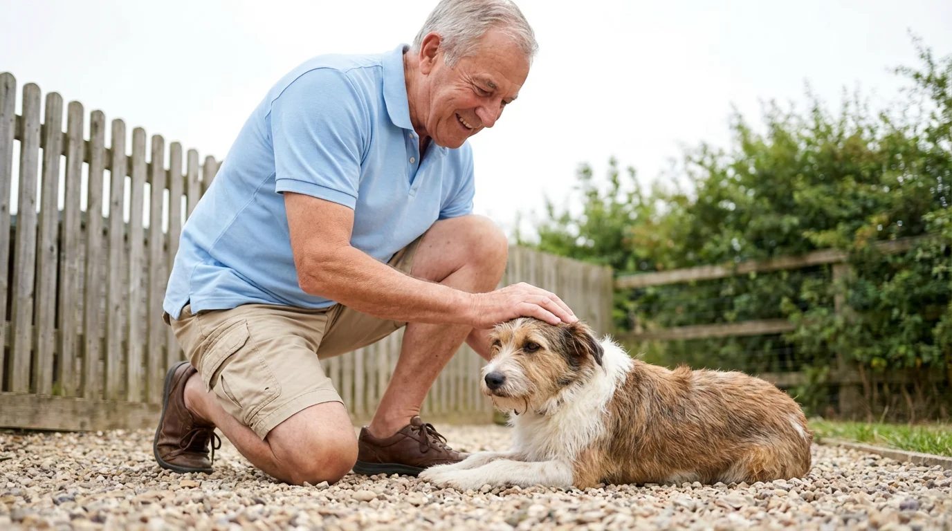 Senior man volunteers, petting a rescue dog at an overseas animal sanctuary.