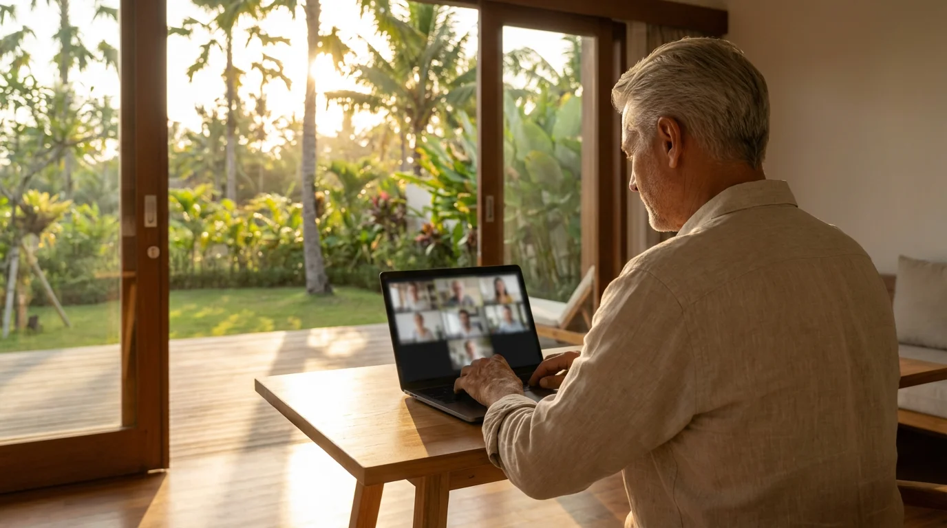 Senior man working on his laptop during a video call in a tropical bungalow.