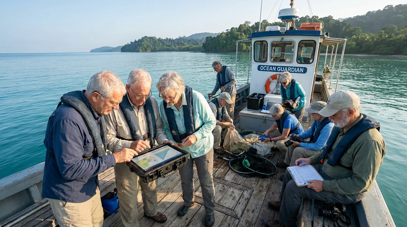 Senior volunteers conducting marine conservation research on a boat in a tropical sea.
