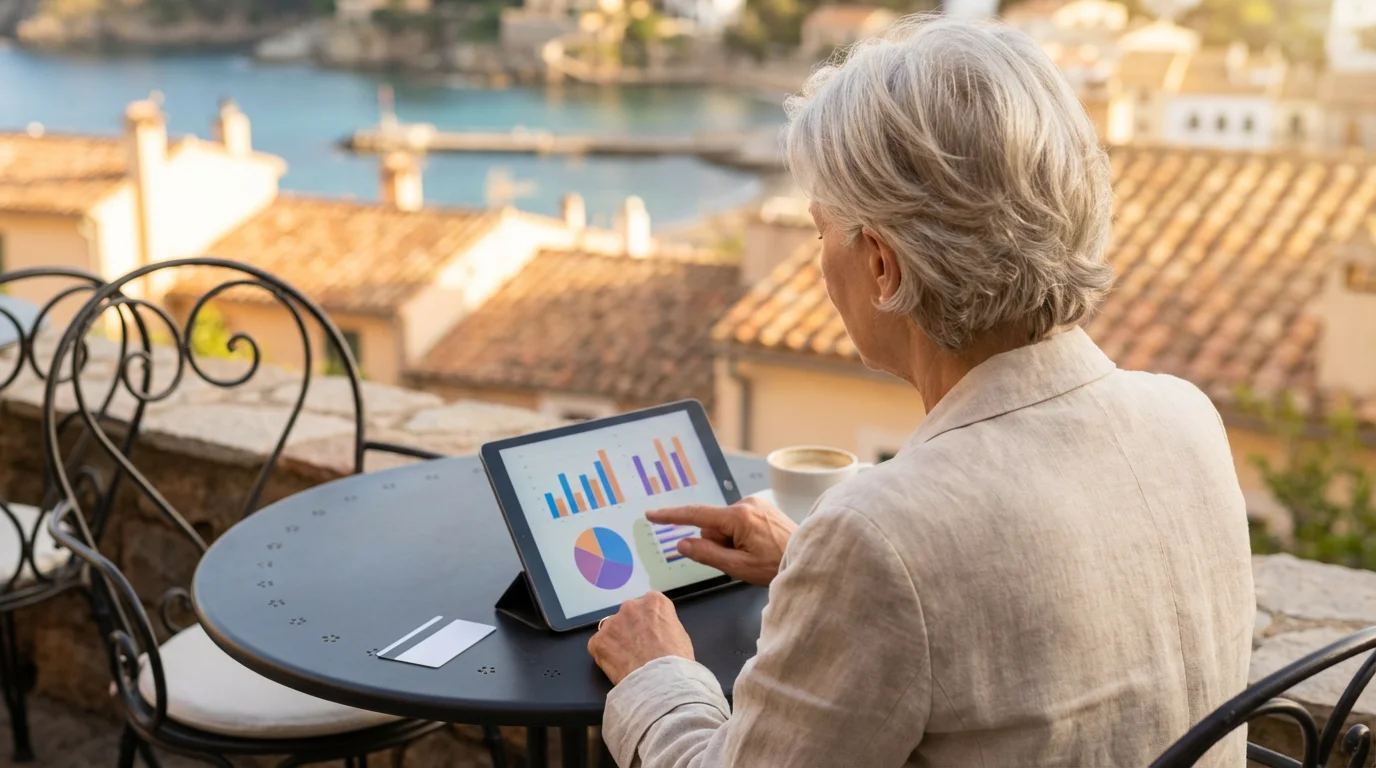Senior woman at a cafe terrace using a tablet to manage her travel budget.